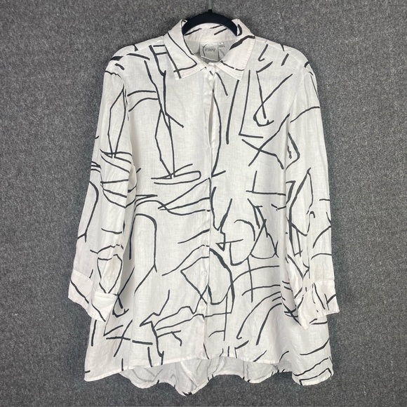 Finley Linen Tunic L White Black Line Art Print Minimalist Boho Lagenlook Top - Picture 2 of 11